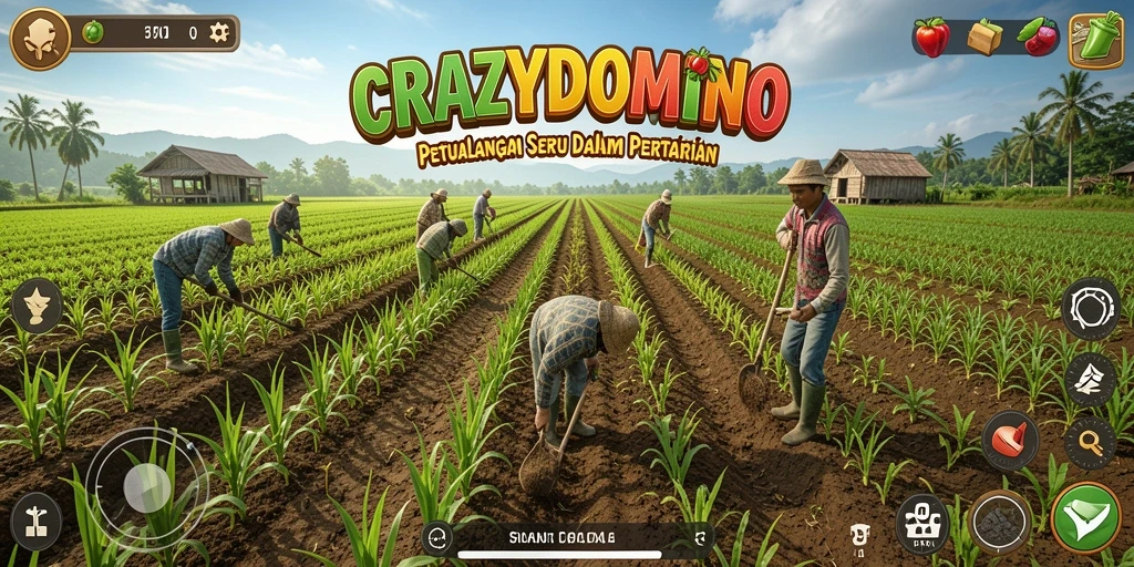 Screenshot gameplay <strong>CRAZYDOMINO</strong> menampilkan kebun yang subur dan hewan ternak bahagia.