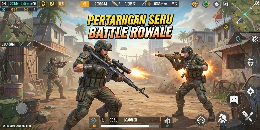Screenshot J200M menampilkan aksi seru dalam pertempuran Battle Royale.