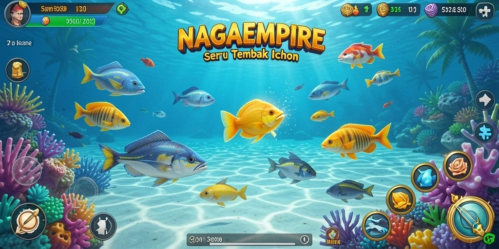 Menampilkan gameplay seru dalam NAGAEMPIRE, menembak ikan dengan efek visual atraktif.