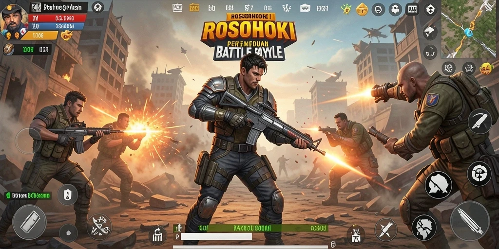 Screenshot ROSOHOKI menampilkan aksi pertempuran intens di pulau yang luas.