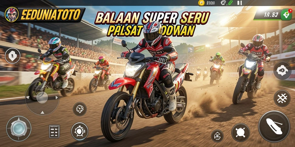 Gameplay mendebarkan dalam SEDUNIATOTO dengan balapan motor yang seru.